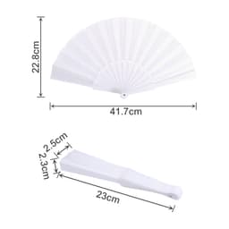 A white fabric hand-held fan with a folding design, featuring measurements of 41.7 cm by 22.8 cm when fully opened.