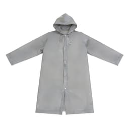 A grey reusable PEVA raincoat with a hood and buttons, featuring a logo on it.