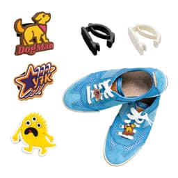 Custom shoelace charms in various colours, including a dog design and other shapes, alongside blue sneakers.