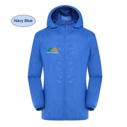 A navy blue unisex jacket made of 100% polyester, featuring a hood and a logo.