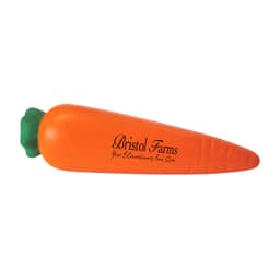 A carrot-shaped stress reliever in vibrant orange with a green top, featuring a logo on the side.