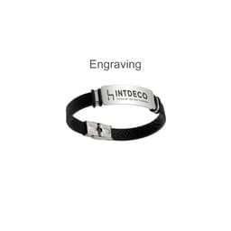 A black engraved leather bracelet with a metallic clasp and an embossed logo.