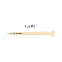 A bone-shaped pen in cream colour with a logo on the side.