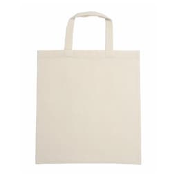 A beige calico bag with short handles and a simple design. Features a logo on one side.