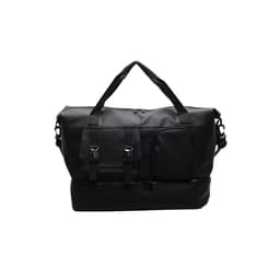 A black travel weekender bag with multiple straps and pockets, featuring a logo.