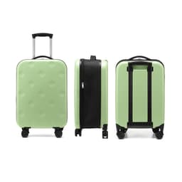 A collapsible suitcase in mint green with a textured surface, featuring wheels and a retractable handle.