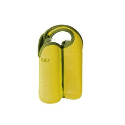 A drink bottle cooler in vibrant yellow and green, featuring a snap handle and capacity for two bottles.