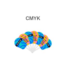 A seven-piece plastic hand fan featuring blue, pink, and yellow wavy designs with a logo.