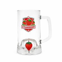 A clear beer glass with a handle featuring a logo and a custom spinner toy shaped like a strawberry inside.