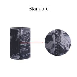 A stubby holder with a black and grey design, featuring a fabric-like texture and a visible seam.