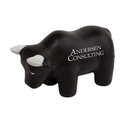 A black bull-shaped stress reliever with white horns and a logo on the side.