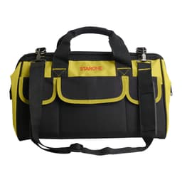 A black and yellow tool bag featuring multiple pockets and a detachable shoulder strap. It has a branding logo.