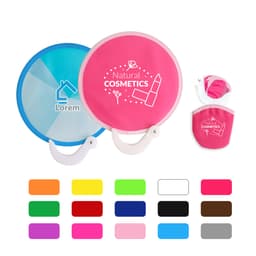 A 20cm foldable fan in blue and pink, with a matching pouch, available in various colours. The fan features branding.