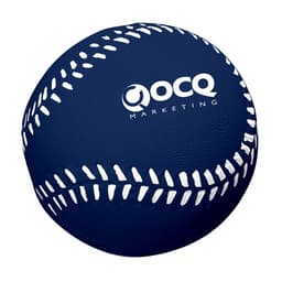 A navy blue baseball-shaped stress reliever featuring white stitching and a logo.