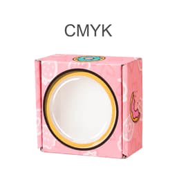 A small pink gift box with a round window and playful illustrations, featuring a logo on the front.