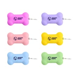 A collection of silicone bone-shaped dog poop bag dispensers in pink, purple, yellow, blue, and green, each with a logo.