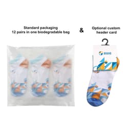 Low cut socks in a mix of blue, white, and orange patterns, packaged in a biodegradable bag.