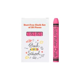 A box of 20 pieces of pink dust-free chalk, featuring a logo and various school-themed illustrations.