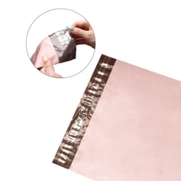 A pink self-sealing plastic mailing bag with a brown strip for easy closure. It includes a logo in the design.