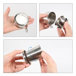 A compact stainless steel folding cup in silver, showcased in various angles, featuring a keychain attachment.