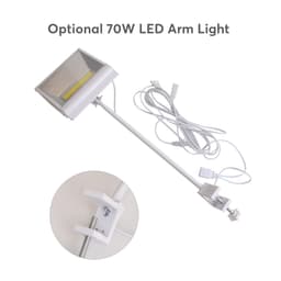 A white LED arm light with a 70W bulb, featuring a mounted clamp and a flexible arm for positioning.