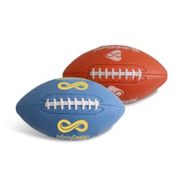 Two American footballs are displayed, one blue with white laces and one orange with white laces, both featuring a logo.
