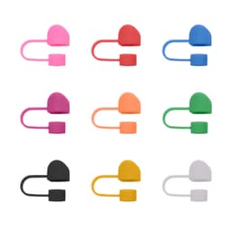 A drink bottle features nine custom shape straw covers in pink, red, orange, green, black, yellow, and white. Each has a logo.