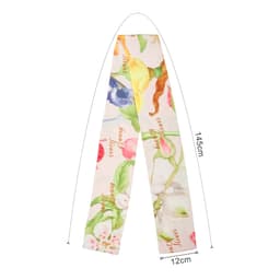 A long scarf featuring a twill weave with a floral design in various colours, measuring 145cm by 12cm.