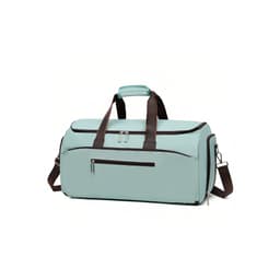 A teal convertible backpack duffel garment bag with brown handles and zippers. Features multiple compartments.