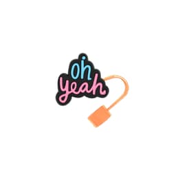 A drink bottle accessory featuring a custom shape with "Oh Yeah" in pink and blue lettering, and an orange straw connector.