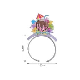 A headband featuring a colourful summer-themed topper with a coconut, flowers, and beach motifs. It has a branded logo.