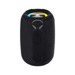 A black outdoor waterproof Bluetooth speaker with control buttons and LED light features.