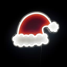 A red and white neon LED sign shaped like a Santa hat, illuminated against a dark background.
