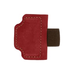 A magnetic bookmark in red suede with a brown pen clip attached, featuring stitched detailing and a logo.