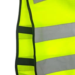 A bright yellow hi-vis reflective safety vest with grey reflective stripes and black borders. Features a logo.