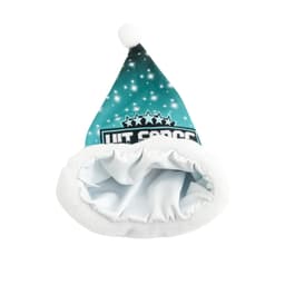 A full-colour premium Santa hat featuring a teal design and a white plush lining. It includes branding on the front.