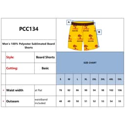 Men's polyester board shorts in yellow with a tree design, featuring a logo and size chart.