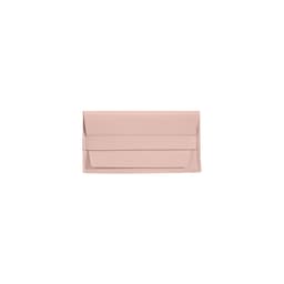 A light pink PU leather glasses pouch with a fold-over flap and simple design. It features a logo.
