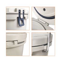 A cream-coloured ice bucket with a handle and secure lid, featuring a logo and multiple close-up views of its design.