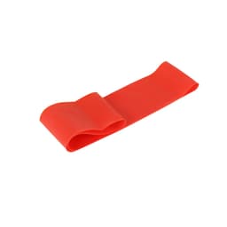 A red latex fitness resistance band, designed for exercise and training, laying flat on a white background.