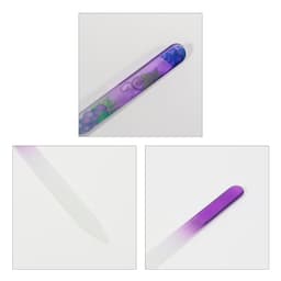 A transparent crystal glass nail file with a purple gradient design and a decorative pattern.
