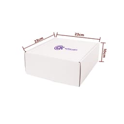 A large white shipping box with dimensions of 23cm x 23cm x 10cm, featuring a logo on the surface.