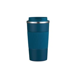 A stainless steel travel coffee mug in teal with a ribbed silicone grip and a lid. It features a logo.