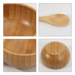 A bamboo facial mask bowl set featuring a round bowl and a matching spoon, both in natural bamboo colour.