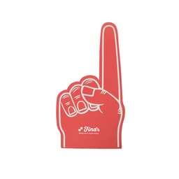 A giant foam hand in red, shaped like a raised hand with one finger pointing up, featuring a logo at the base.