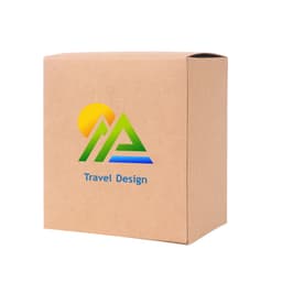 A medium square gift box in brown with a logo and design featuring mountains and a sun.