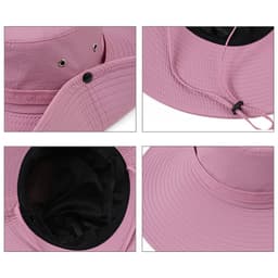 A wide brim sun hat in soft pink featuring ventilation holes and a drawstring for adjustment, with a black interior.