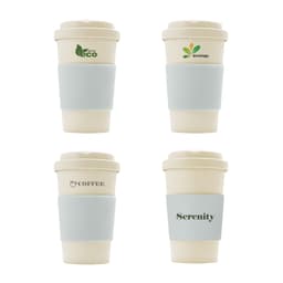 A drink bottle featuring a 400ML BPA-free eco bamboo fibre design in cream with a light blue silicone sleeve and branding.