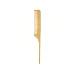 A bamboo hair comb in a light brown hue with a pointed end and fine-toothed design, featuring a logo.