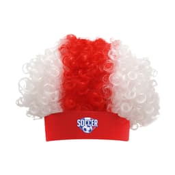 A red and white afro headband wig featuring curly hair, with a logo on the band.